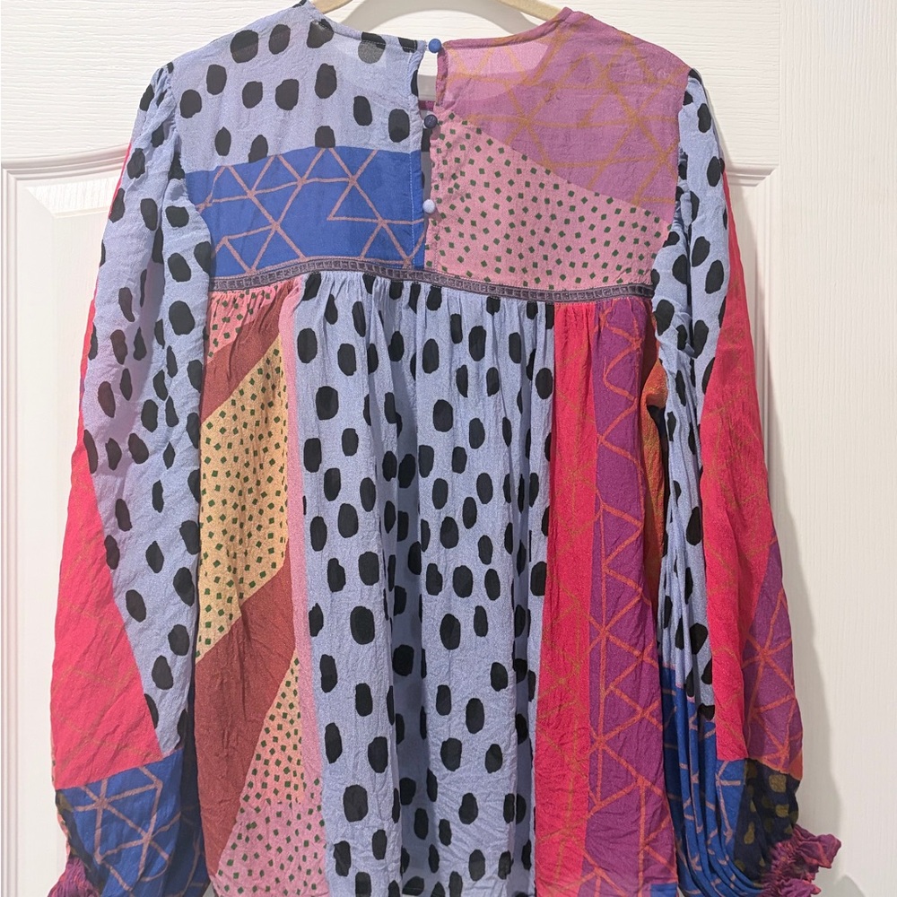 Printed Mixed-Color Blouson Sleeve Blouse - Picture 4 of 6